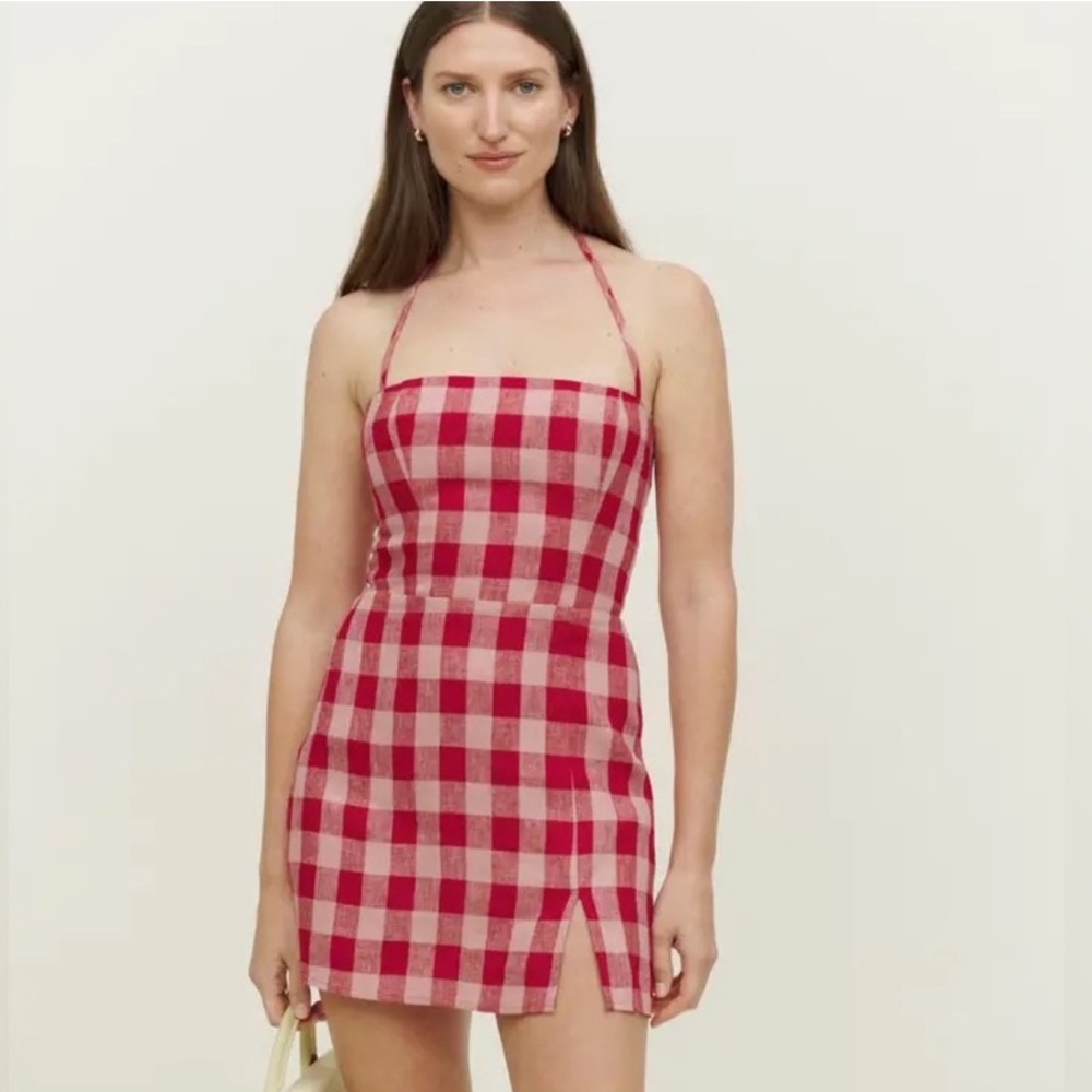 Reformation Linda linen halter neck mini dress in concha check Size 8 Medium